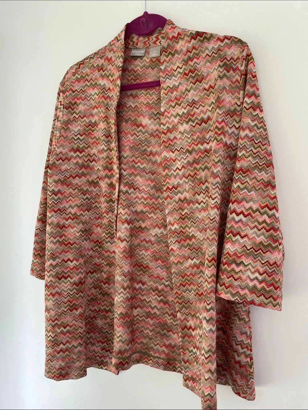 Chicos Travelers Wavy Chevron Open Front Cardigan in Coral & Olive 12/14